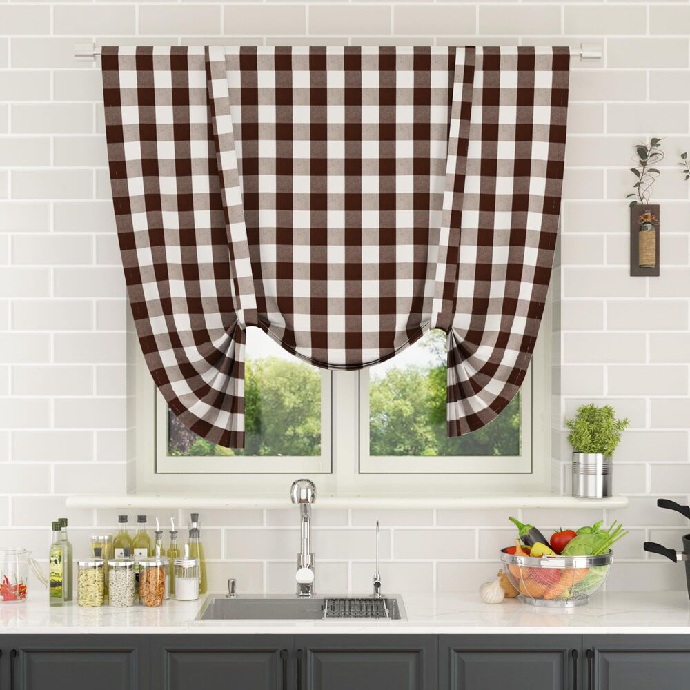 1 Panel 42 x 45", Tie Up Curtain Adjustable Tie Up (Brown & White Gingham)